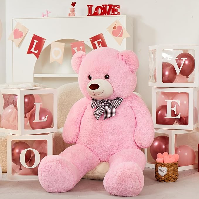 MorisMos Bow Tie Giant Teddy Bear, 55inch Large Big Teddy Bear Plush, Lifesize Stuffed Animals for Girlfriend, Pink