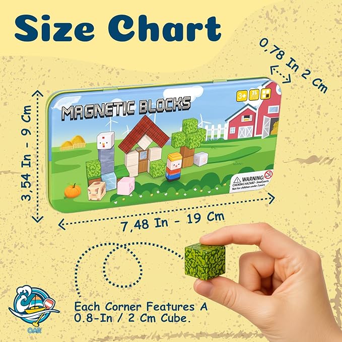 OAR Magnetic Blocks Farm Toys β Educational Magnetic Tiles & Building Set for Kids, Toddler Travel Toys with Portable Iron Box, STEM Birthday Gift for Boys, Girls & Toddlers Ages 3β8 Years Old