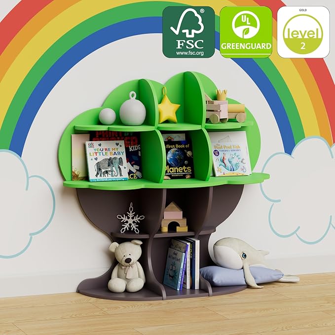 Green Tree Kids Bookshelf Toddler Bookcase 4-Tier Baby Book Rack Children Toy Storage Organizer Forest Wood Display Shelf for Nursery Playroom Bedroom Classroom School Homeschooling Boy Girl’s Gift