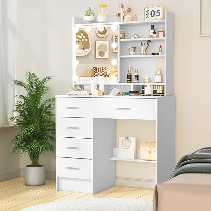 Small Vanity Desk with Sliding Mirror and Lights, White Makeup Vanity Desk with 3-Color Light Adjustable Brightness, 4 Drawers & Open Shelves, Vanity Desk for Bedroom, Girls & Women H3325