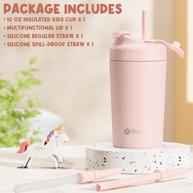 Fimibuke Kids & Toddler Cups, 10 OZ Spill Proof Straw Cups for Toddlers, Leak-Proof Kids Insulated Tumblers with Screw-On Lid & Silicone Straws with Stopper, Stainless Steel Sippy Cup for Girls Boys