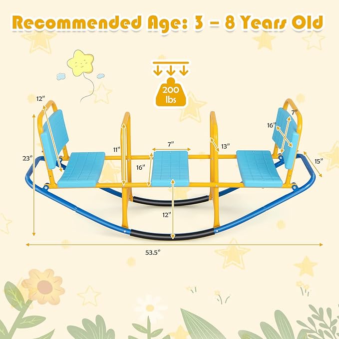 3-Person Teeter Totter Seesaw, Sit and Spin 360° Rotating Rocking Toy for Toddlers, Heavy Duty Metal Seesaw for Kids Outdoor, 3-Seater Backyard Playground Equipment for Ages 3-8 (Blue)