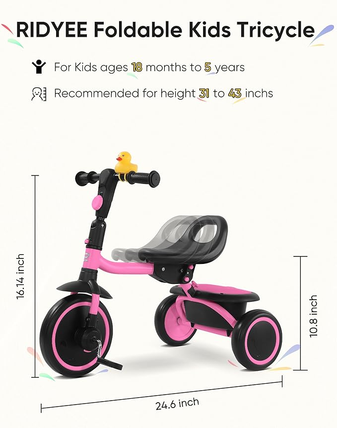Toddler Tricycle for 18 Months to 5 Years, Foldable Tricycles for 3-5 Year Olds, Kids Tricycle with Adjustable Carry-Friendly Ergonomic Seat and Covered Large Basket, Pink