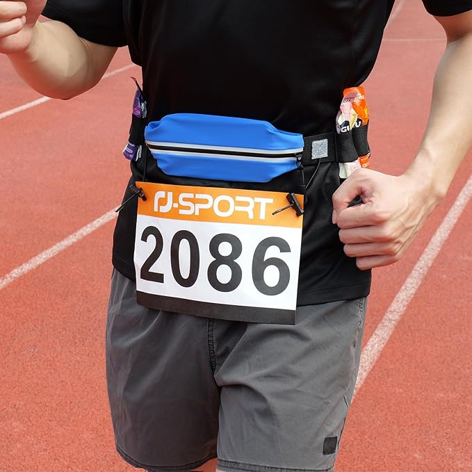 RJ-Sport Triathlon Belt with Pouch - Race Number Bib Holder with 6 Gel Loops, Ideal for Running, Cycling & Marathon (Blue)