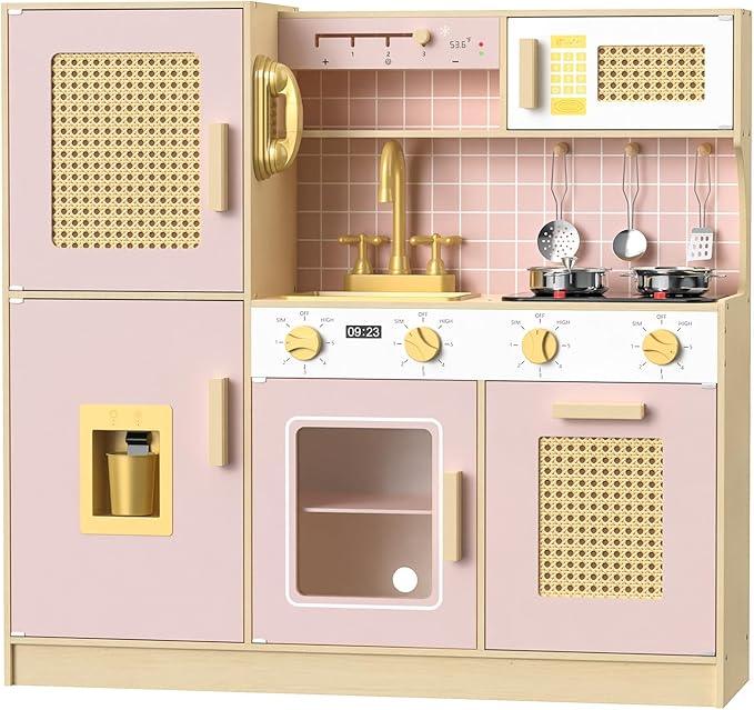 Babytronic Wooden Kitchen Playset for Kids - Pink Pretend Play Kitchen with Lights & Sounds, Retro Style Toy Kitchen for Toddlers Ages 3+, Wooden Play Kitchen Set with Realistic Design (Pink)