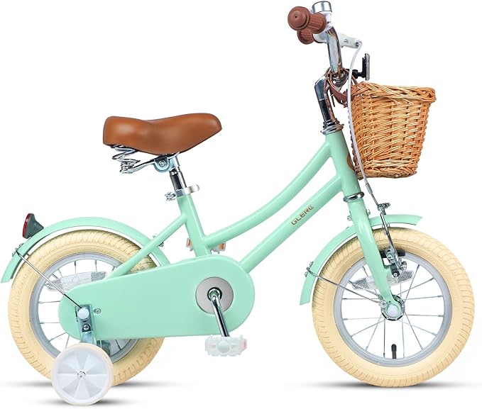 Glerc Little Molly 12-20 Inch Kids Retro Cruiser Bike for 2-13 Year Old with Wicker Basket & Training Wheels/Kickstand, Multiple Colors