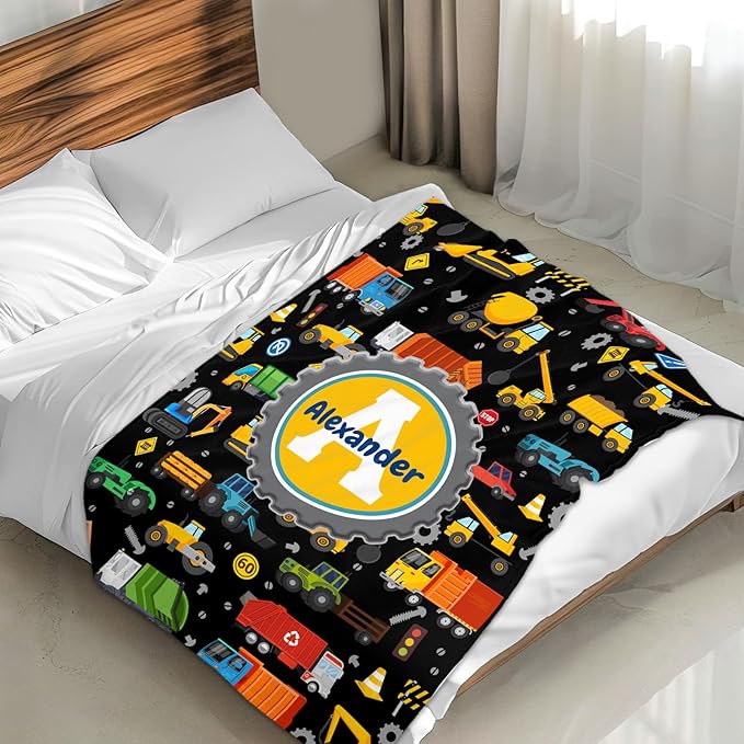 Custom Kids Blanket for Boys 6-8, Truck Gifts for Son Personalized Name 4 Sizes Initial Construction Themed Stuff Throw Soft Plush Cool Accessories Blankets for Sofa Chair Bed Room