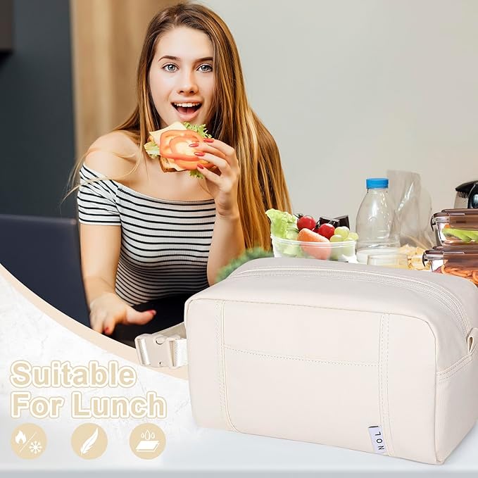 NOL Natural Organic Lifestyle Freezable Snack Bag, Leakproof Cooler Lunch Bag, Reusable, Zip Closure with Buckle Handle Nylon Waterproof Snack Box for Work Travel-Cream