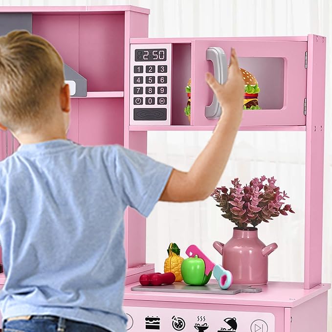 JOYLDIAS Kids Play Kitchen,Corner Wooden Pretend Toddler Kitchen Toys Playset with Realistic Lights & Sounds,Microwave Oven,Water Dispenser, Phone, Sink,Cooking Accessories, for Ages 3+, Pink