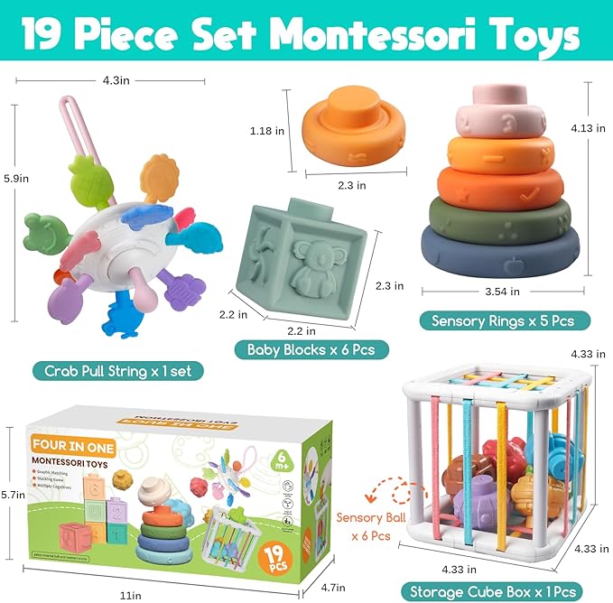 Montessori Baby Toys - Pull String Teether, Stacking Blocks, Sensory Shapes Storage Bin, Infant Bath Time Fun, 4 in 1 Toddlers Toy for Baby Boys Girls