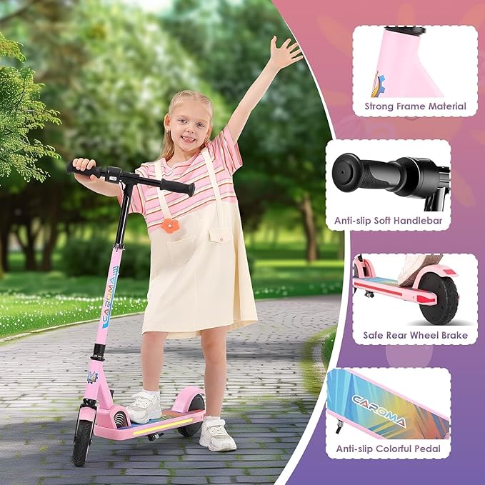 Caroma Electric Scooter for Kids Ages 6-14, 180W/150W Motor & 10 Mph, 85 Mins Ride Time, Adjustable Height & Speed, LED Display & Colorful Lights, Kids Electric Scooter, Best Gifts for Girls and Boy
