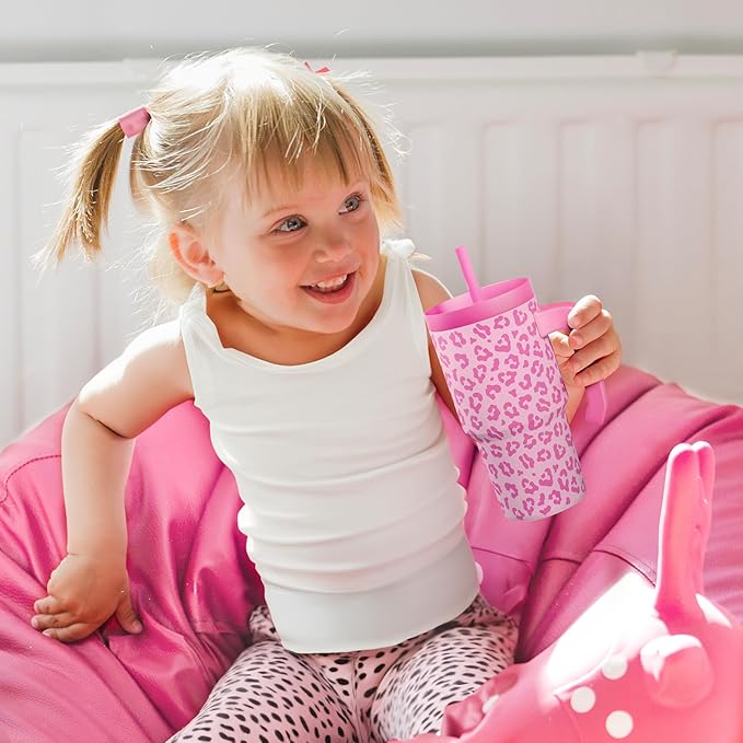 Leopard Print Kid 20oz Tumbler with Handle and Silicone Straw Lid, Insulated Stainless Steel Cup, Gift for Kids Girls, Gifts Idea for Birthday Christmas Back to School