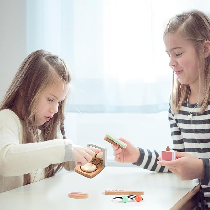 Wooden Kids Makeup Toy Set, Girls Pretend Cosmetic Bag Toys, Play House Beauty Salon Game, Birthday Gift for 3-9 Years Old Christmas 19pcs