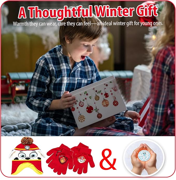 Nicklelodeon Paw Patrol Boy's Winter Hat and 2 Pair of Gloves or Mittens Set (Toddler/Little Boys) Size Age 4-7, Paw Patrol Marshall Glove with Handwarmers