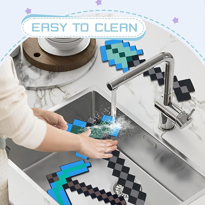 QRT 4 Pack EVA Foam Sword, Axe, Pickaxe and Shovel, Kids Role Play Toys for Halloween, Cosplay Video Game Parties (Blue Four Piece Set)