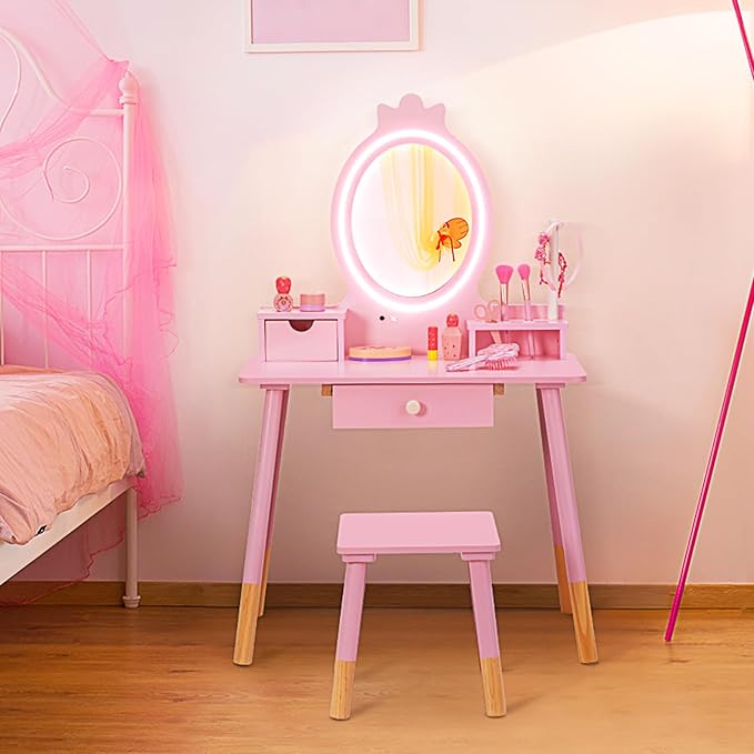 Kids Vanity Set with Lighted Mirror, Princess Make Up Dressing Table and Stool Set w/Jewelry Storage Rack & Make Up Brush Holder, Wooden Children Vanity Table Pretend Playset for Girls