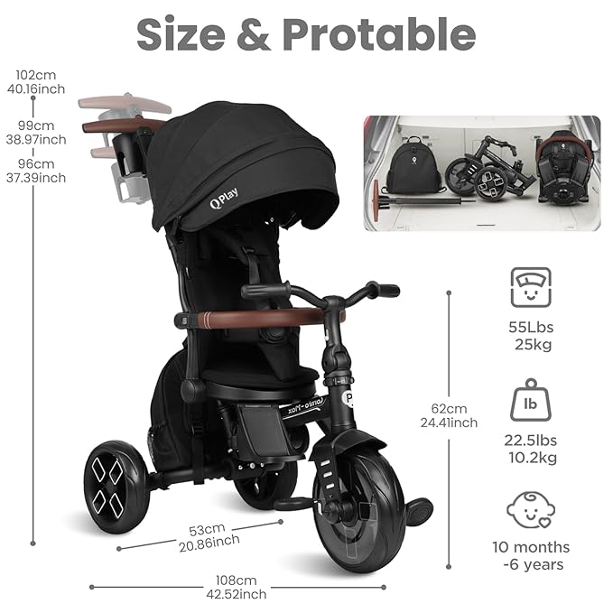 Toddler Bike Stroller for Baby 10 Months to 6 Years Old, 8-in-1 Foldable Stroller Bike for Toddlers 3-5 Boys & Girls Gifts Trike — Adjustable Handle, Triple Footrest, Canopy & Storage Bag