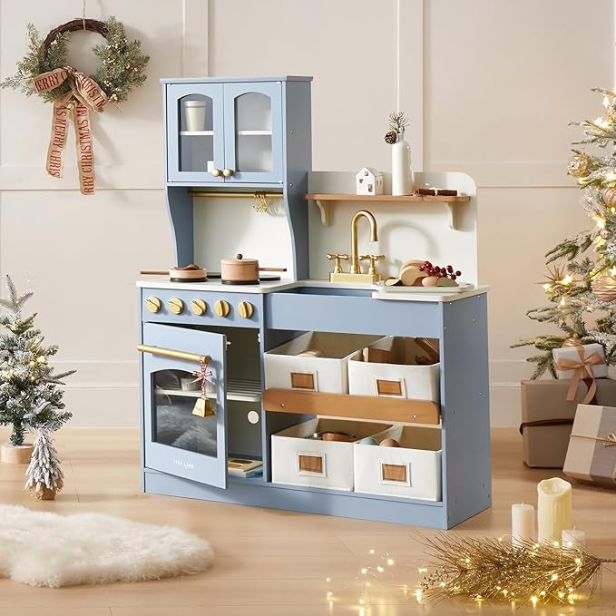 Tiny Land Play Kitchen for Kids, Wooden Toy Kitchen Set with Storage & Accessories, Toddler Kitchen Playset with Stove & Sink, Kids Kitchen Playset Gift for Ages 3-8