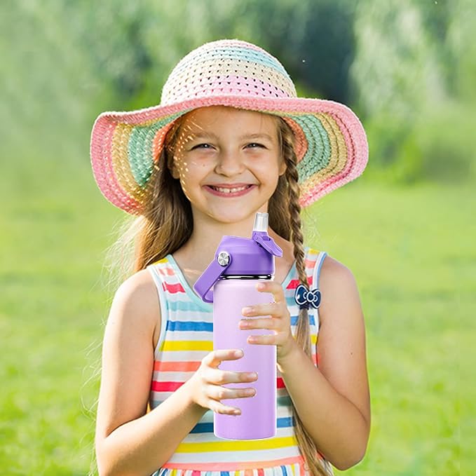 18oz Kids Insulated Water Bottle with Straw Lid - 18/8 Stainless Steel Kid Cup BPA-FREE Travel Tumbler Double Wall Vacuum Leak Proof Portable Toddler Water Bottle (Purple)