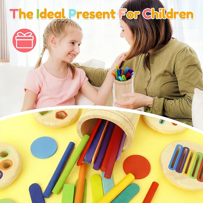 Shapes and Color Sorting Toys, 4 In1 Wooden Learning Color Sorting Toy Wood Montessori Game Set Sensory Educational Toys for Toddlers