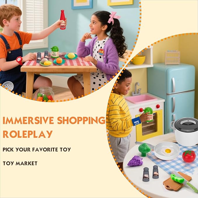 35Pcs Kids Kitchen Toy Accessories, Toddler Pretend Cooking Playset with Play Pots, Pans, Utensils, Cookware, Play Food Set, Toy Vegetables, Learning Gift for Girls & Boys (White)