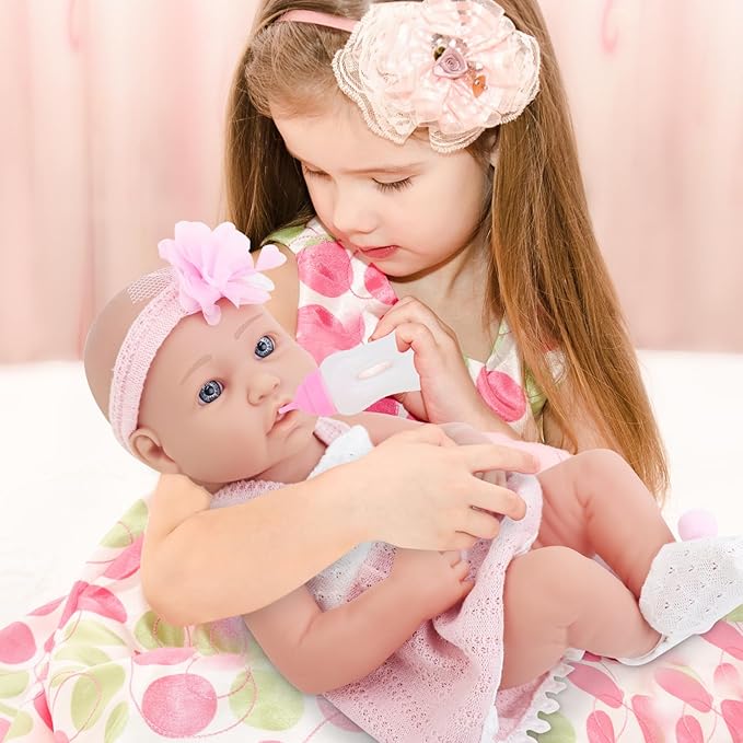 UNICORN ELEMENT 14 Inch Reborn Baby Girl Doll with Baby Doll Clothes and Accessories, 15 Piece Soft Body Dolls with Gift Box - Pacifier, Feeding Bottle Etc, Gift for Girls Toddlers 3+