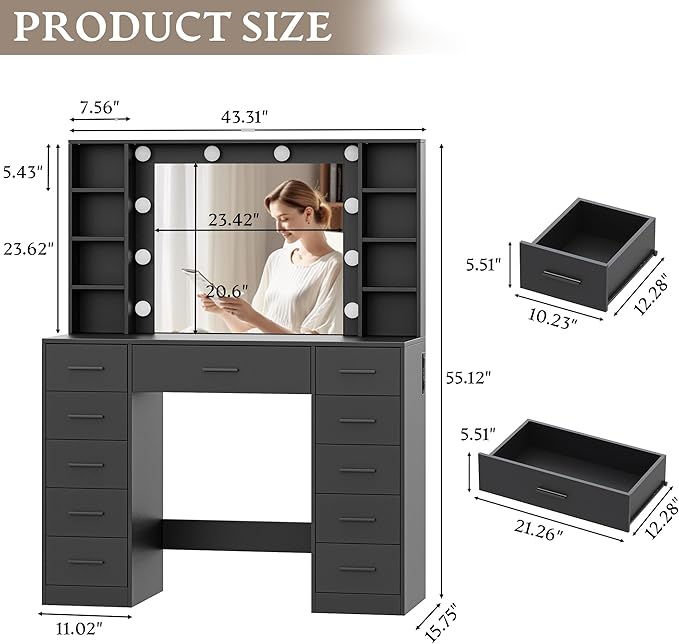 Makeup Vanity with Drawers, 43" Black Vanity Desk with Mirror and Lights, 11 Drawers & 4 Shelves, Power Outlet & Adjustable LED Lights, Dressing Table for Women & Girls Bedroom