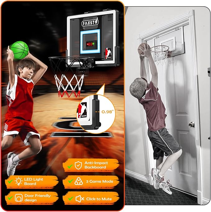Over The Door Basketball Hoop, Basketballs Hoops Indoor for Kids with LED Cheering, Anti-Impact, 2 Game Mode& Mute Mode, Mini Hoops Door Slam Toy with 4 Ball for 5 6 7 8 9 10 11 12 Old Boys