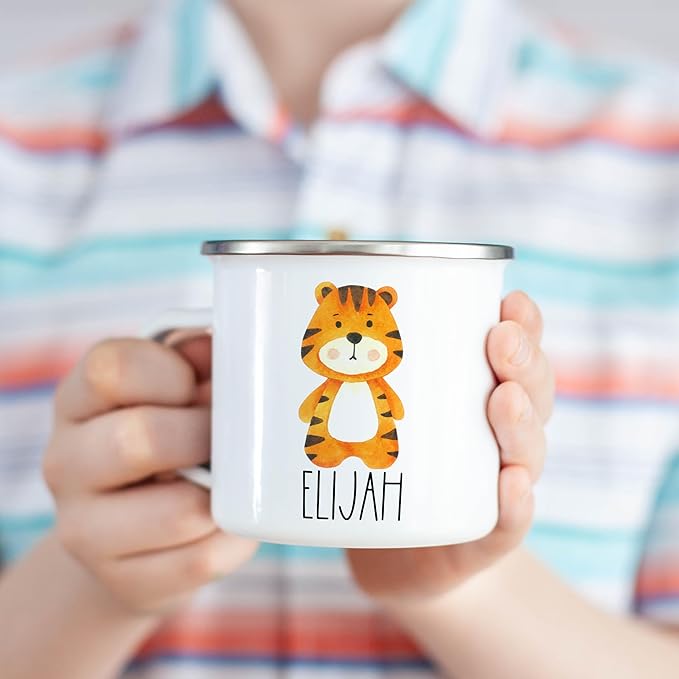 Personalized Mug for Kids, Boys, Girls | Customized Cocoa, Hot Chocolate, Coffee & Milk Cup | Custom Name Birthday Gift Party Favors | 11 Oz Stainless Steel Camping Mug Unbreakable | Tiger