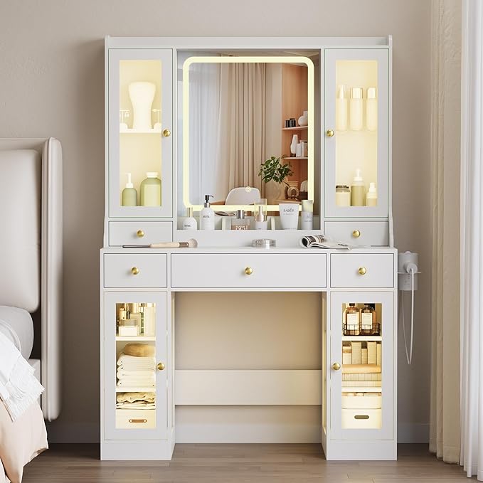Vanity Desk with Mirror and Lights, Pink Makeup Vanity Table with 3 Modes & Adjustable Brightness, Glass Cabinets, Drawers, Outlet, Modern Dressing Table for Bedroom, Girls, Women, Teens