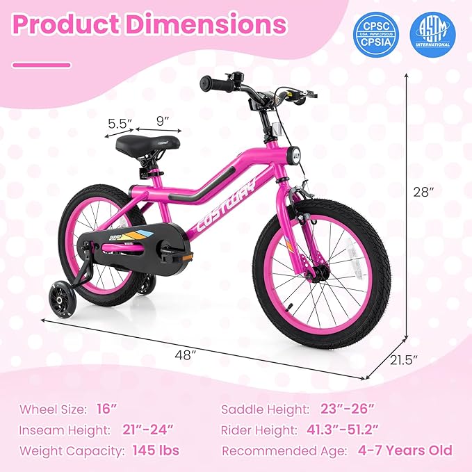 COSTWAY 16”/18” Lighted Kids Bike, Children Sport Bicycle with LED Light-up Frame, Adjustable Saddle, Training Wheels, Handbrake & Coaster Brake, Kids Riding Bike for 4-7/4-8 Years Old Boys & Girls