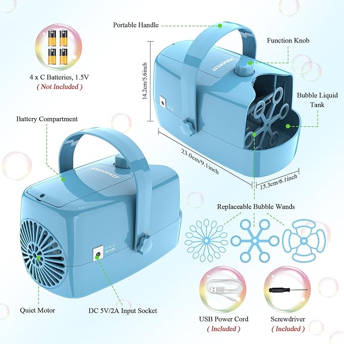 Bubble Machine, 3-in-1 Bubble Maker, Automatic Bubble Blower with 3 Bubble Wands, 8000+ Colorful Bubbles for Kids Toddlers, Operated by Plug-in or Batteries for Indoor Outdoor Birthday Party