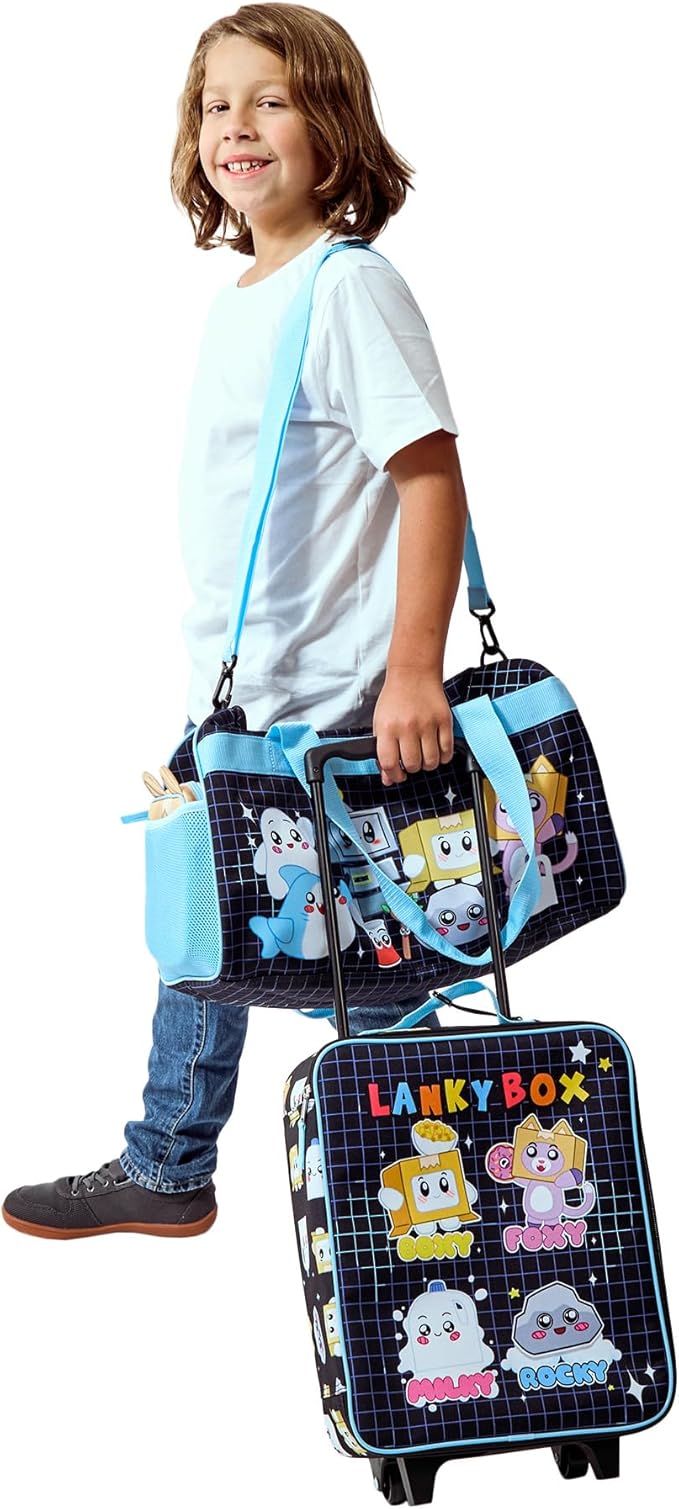 Bioworld LankyBox 4-Piece Kids' Carry On Travel Set - Officially Licensed with 14" Pilot Case, Duffle Bag, Utility Case, and Luggage Tag