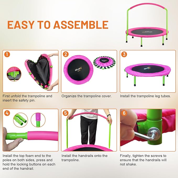 Ativafit 36inch Elastic Band Big Handle Toddler Trampoline for Kids Ages 2-6 Indoor Outdoor Mini Trampoline with Safety Padded Cover Fun for Kids