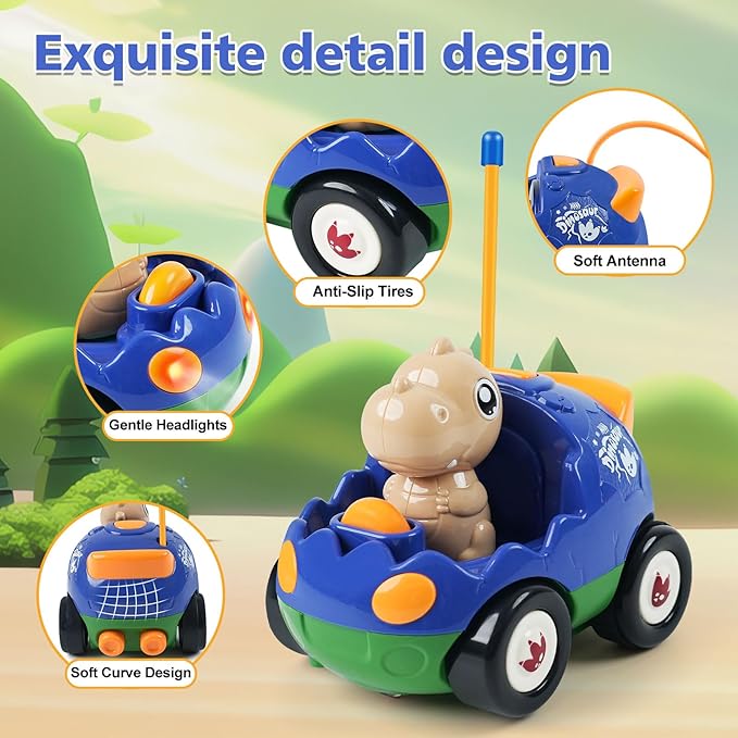 2-Pack Remote Control Dinosaur Cars for Kids – Best Birthday Gifts for Boys Ages 2 3 4 5 Year Old, Electric RC Dino Car Toys for Toddlers 18+ Months with Lights and Music