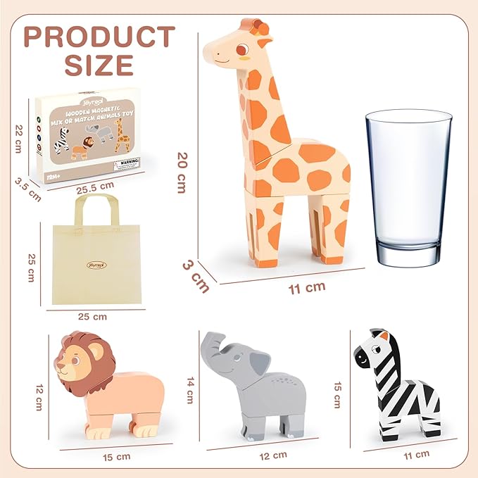 Joyreal Magnetic Mix or Match Jungle Animals Toy Play Set, 16 Pcs Wooden Building Blocks Play Set Toy for 1 Year Old, Fine Motor Montessori Game Preschool Educational Gift for Ages 1-5