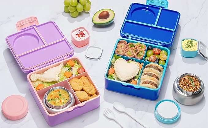 Fimibuke Bento lunch Box Set for Kids Adult with 8oz Insulated Food Jar, Lunch Bag & Sauce Cup, Leakproof Dishwasher Safe Toddler Lunch Food Container with 3-4 Compartment for School Girls Boys