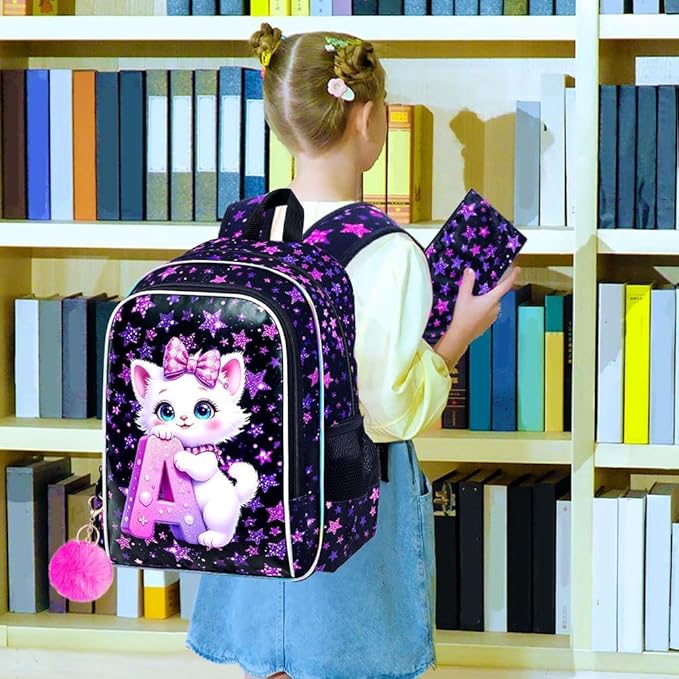 CCJPX 16" Cat Backpack for School, 3Pcs Girls Kids Bookbag with Lunch Box, Water Resistant Elementary School Bag for Kindergarten Preschool Toddler (Black)