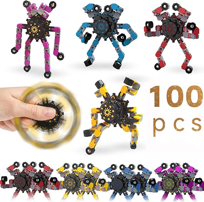 100pcs Random Fidget Spinners,DIY Deformable Robot Fingertip Toys,Decompression Spinner,Deformable Creative Mechanical Gyro Toys,Stress Relief Mechanical Chain Toy for Kids Adults,Party Supplies