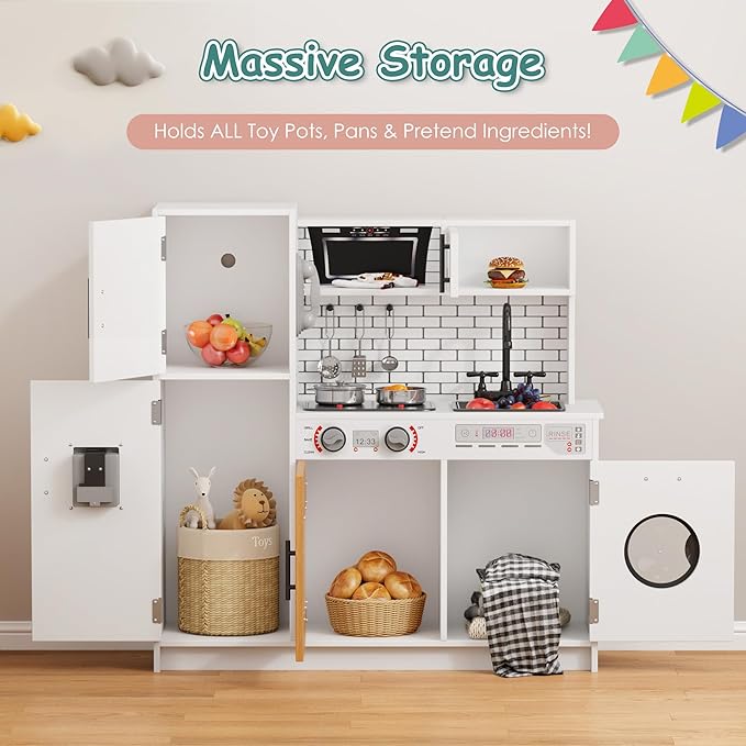 DlandHome Kids Kitchen Playset, Pretend Kitchen Playset with Real Lights & Sounds, Chef Pretend Play Set with Refrigerator, Microwave, Oven, Ideal Toy Gift for Toddlers and Kids Ages 3+