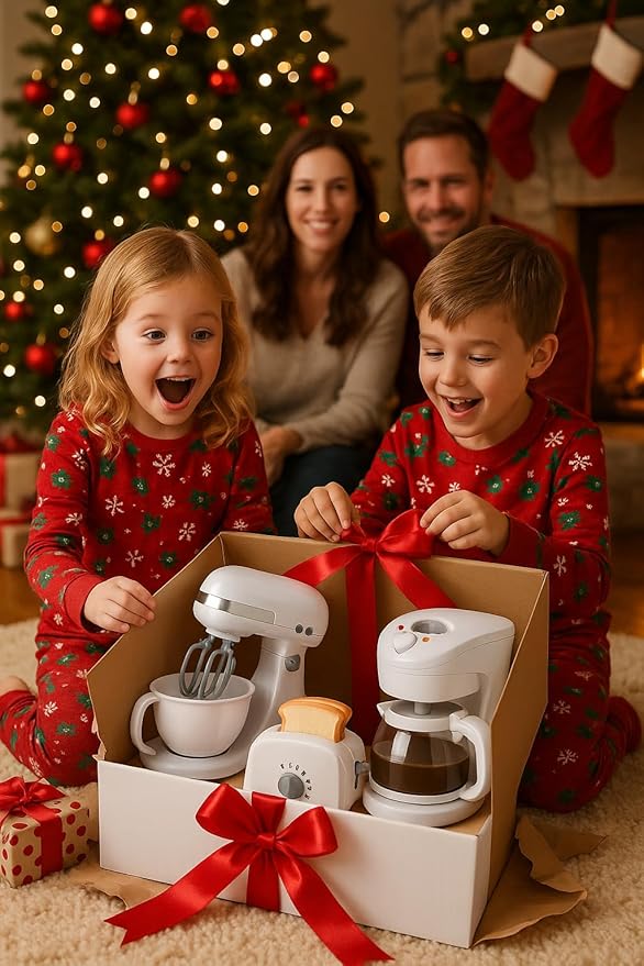 Kids Kitchen Appliance Playset – Mixer, Coffee Maker & Toaster – Pretend Cooking Toy Set, 3-Piece White Bundle