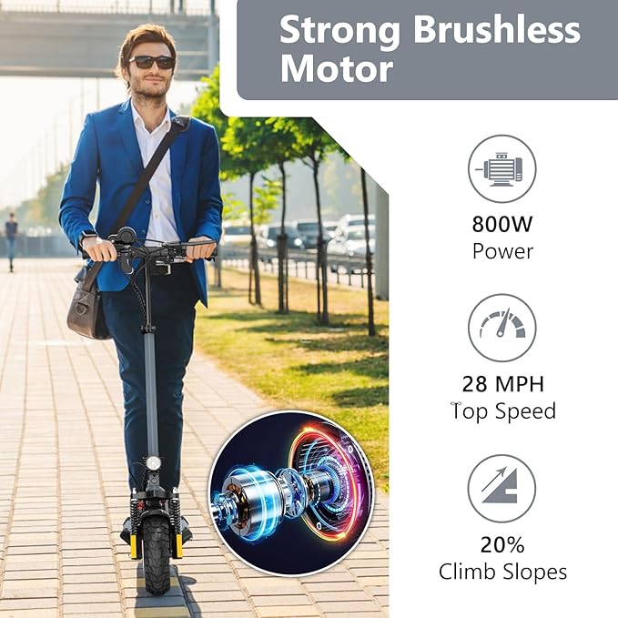 Electric Scooter Adults, 800W Motor & 28 MPH Portable Folding Commuting Eletric Scooter, Up to 22 Miles Range, 10" Off Road Tires e Scooter, Dual Brake & Dual Suspension Scooter for Adult E-Scooter