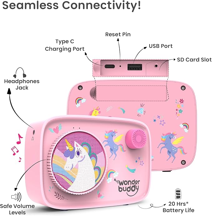 WonderBuddy Kids Story Box Audio Player, 500+ Preloaded Stories & Rhymes with Storybook DIY Art Kit, Voice Recorder, Content Upgrade, Bluetooth, Birthday Gift for Girls 3+ Years- Unicorn
