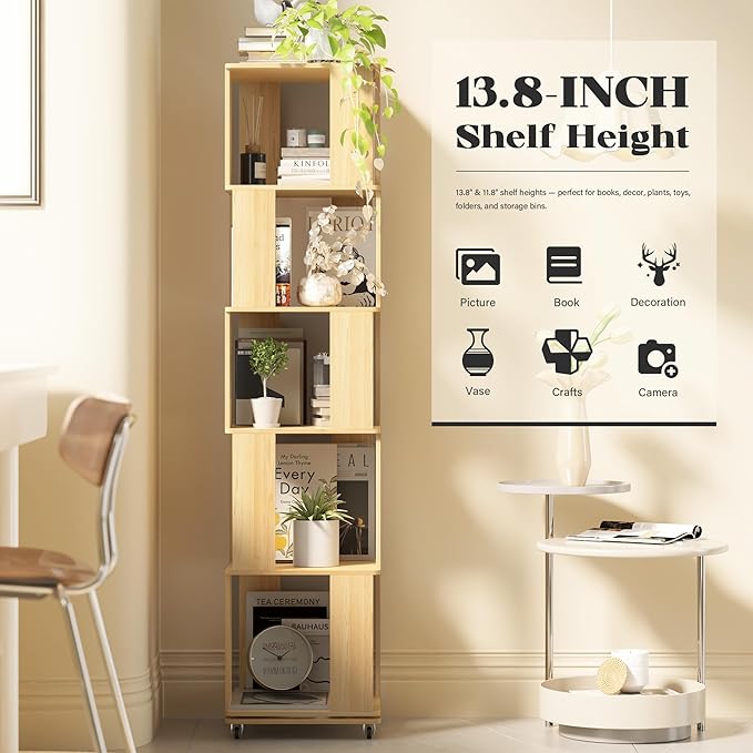 5 Tier Solid Wood Rotating Bookshelf Tower on Wheels, 360° Upgrade Spinning Book Shelf, Revolving Bookcase Organizer, Swivel Bookshelves for Small Spaces, Corner, Bedroom, Kids Room, Office (Natural)