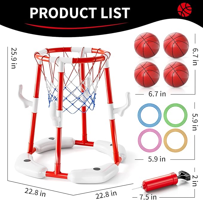 Pool Basketball Hoop Toys for Kids Ages 4-8 8-12 & Adult, Summer Outdoor Swimming Pool Games Water Play Toys Family Party for Kids, 2 in1 Pool Basketball Hoop & Ring Game with 4 Balls 12 Rings & Pump