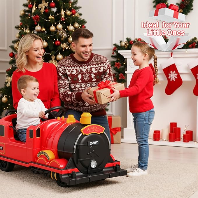 TLSUNNY Ride On Train Trackless, 12V Kids Battery Electric Train with 2-Seater,Detachable Carriage, Extra Storage, Colorful Lights & Music, Toddlers Car Toy for Boys & Girls Age 3+ (Red)