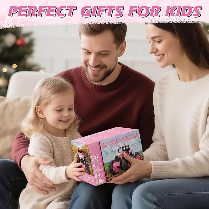 Remote Control Monster Tractor Toy for 3, 4, 5, 6, 7 years old, Pink Light Up Monster Trucks Toy with LED Lights Toddlers RC Farm Vehicle Toys for Boys & Girls Ideal Christmas, Birthday Gifts for Kids