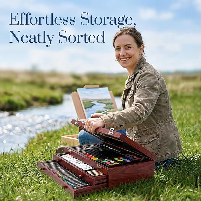194 Piece Deluxe Art Set, Painting Drawing Art Supplies with 4 Drawing Pads, Acrylic Paints, Crayons, Colored Pencils Set in Wooden Case, Art Kit Gift Box for Kids, Teens, Adults, Artists, Beginners