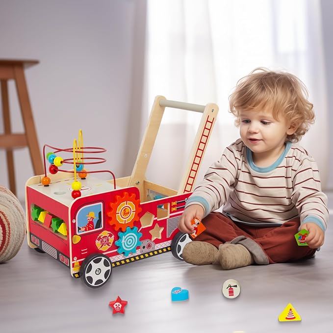 Wooden Baby Walker with Bead Maze for 1 Year Old and up, Wood Push Toy for 12 Month, Toddle Cart with Blocks
