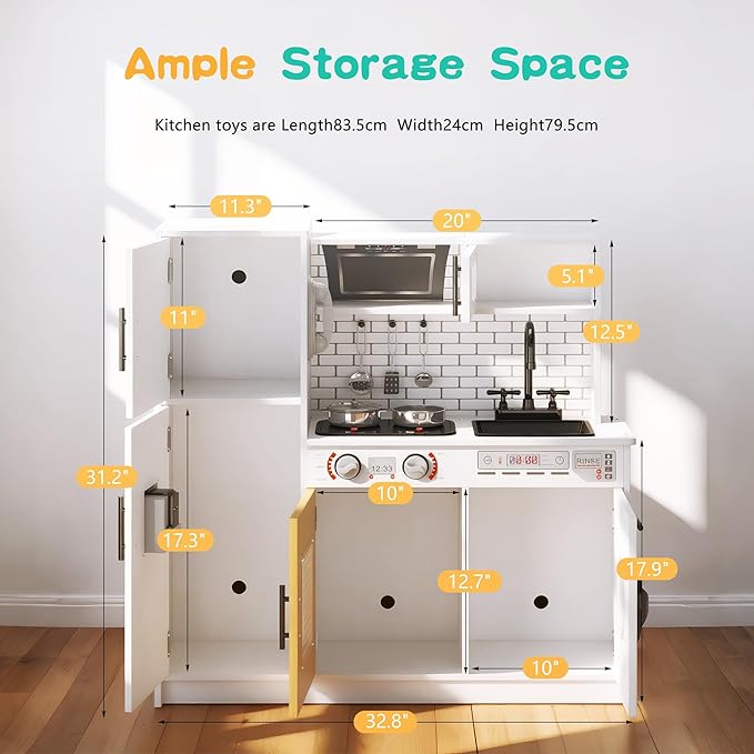 soges Kids Kitchen Playset with Lights & Sounds - 31" H Interactive Pretend Play Toy with Storage Cabinet, Stainless Steel Cookware, Eco-Friendly Design, for Toddlers Ages 3 Years and Over